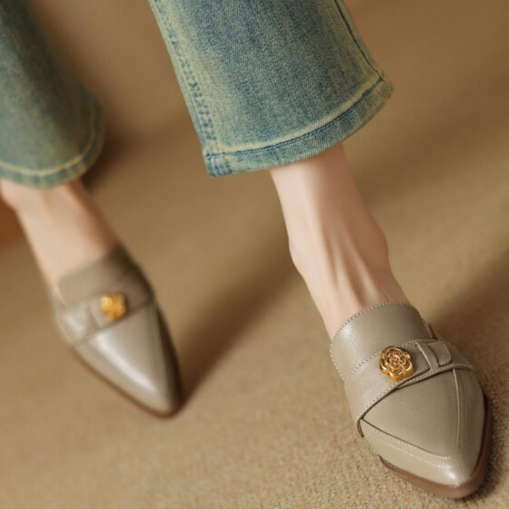 Soft Leather Pointed Head Half Slippers Women's Thick Heel 2025 New Slippers Women's Summer Outer Wear Middle Heel