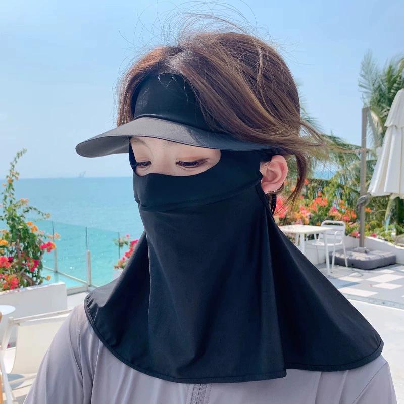 Women's UV Protection Facekini: Removable Ice Silk Mask with Brim, Full Face & Neck Shield.