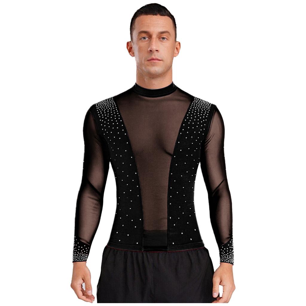 Mens Latin Dance Top Sheer Mesh Patchwork Shiny Rhinestone Mock Neck Long Sleeve T Shirt Stage Performance Blouse