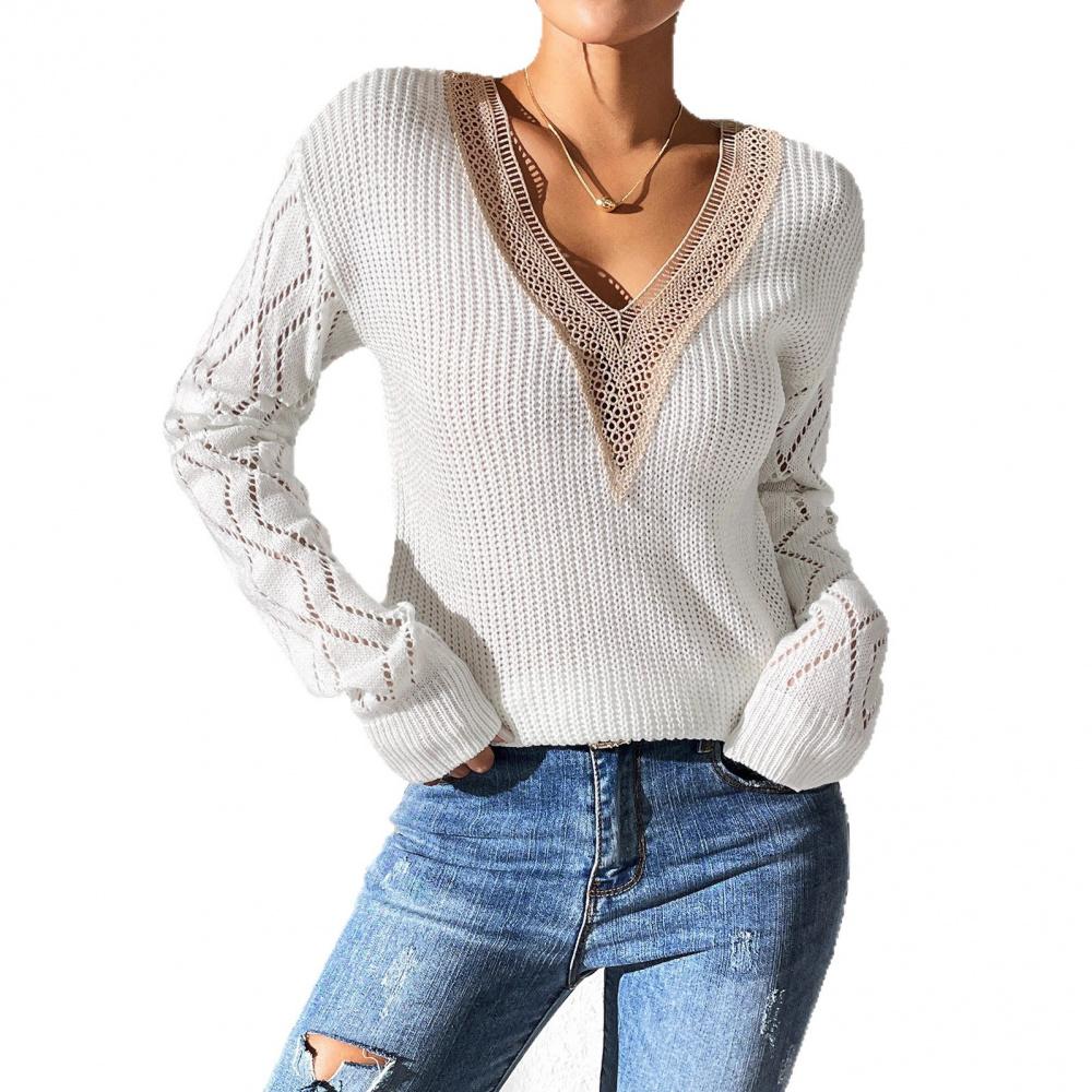 Women's V-Neck Lace Patchwork Hollow Out Knitted Sweater Color-Block Pullover Base Shirt