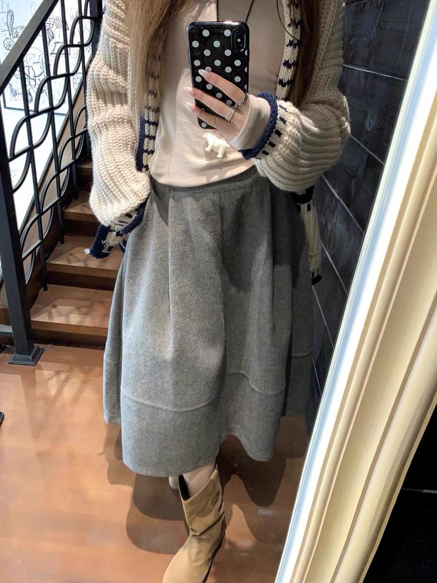 

Серая шерстяная юбка миди со звездным небом: Высококачественный корейский стиль, приталенный, А-силуэт Large