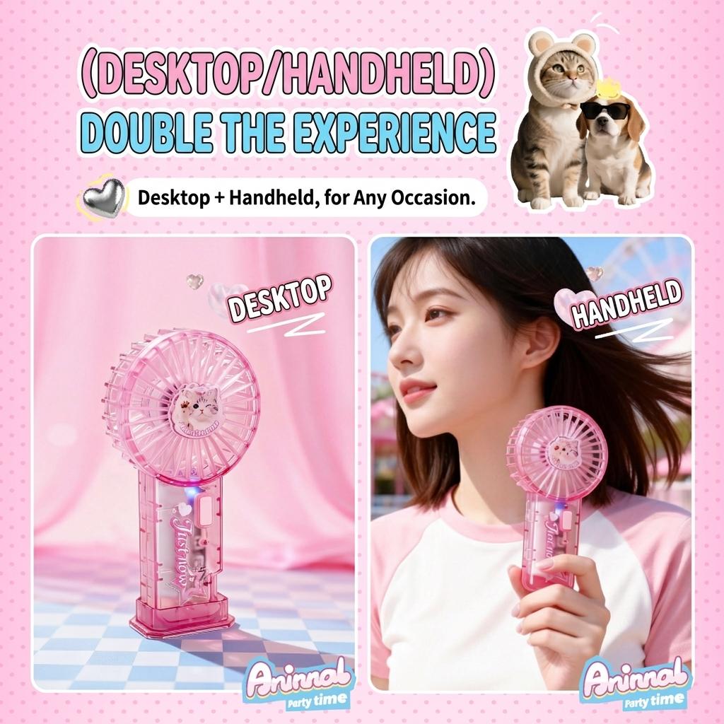 Cute Kawaii Pet Mini Fan Portable Handheld Desk Fan Transparent Cat Dog Pocket USB Rechargeable Cooling Fan for Girls Gift