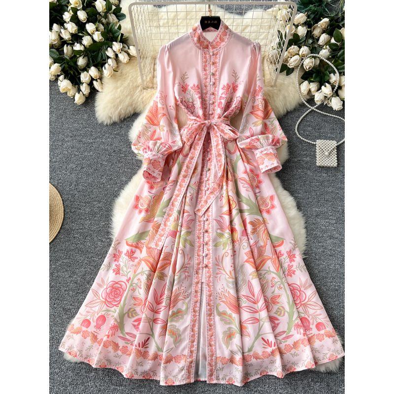 Fashion Fashionable Retro Stand Collar Lantern Long Sleeves Single Breasted Print Dress Female Waist Trimming Lace up Long Formal Dress