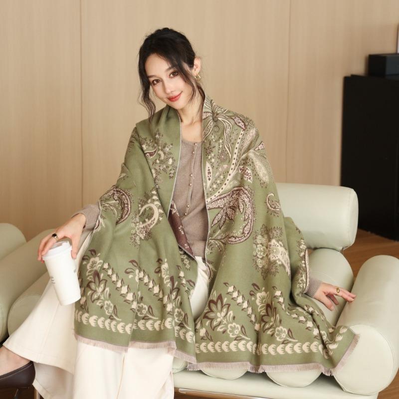 Gradual change flower imitation cashmere scarf women's high sense double-sided jacquard shawl retro scarf