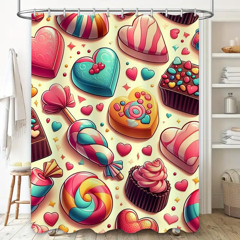 Cute Candy And Chocolate Design Waterproof Shower Curtain For Modern Bathroom Decor, Stylish And Durable, Perfect For Home