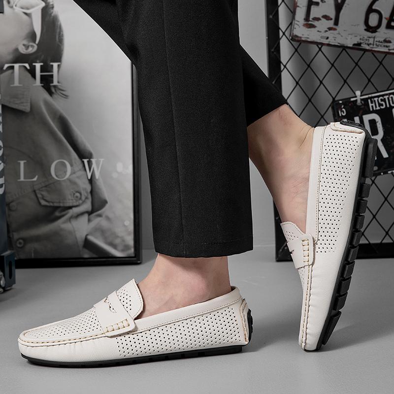 Summer Breathable Men Flats Shoes Comfort Anti Slip Outdoor Walking Driving Shoes Punching Leather Loafers Soft Men Casual Shoes