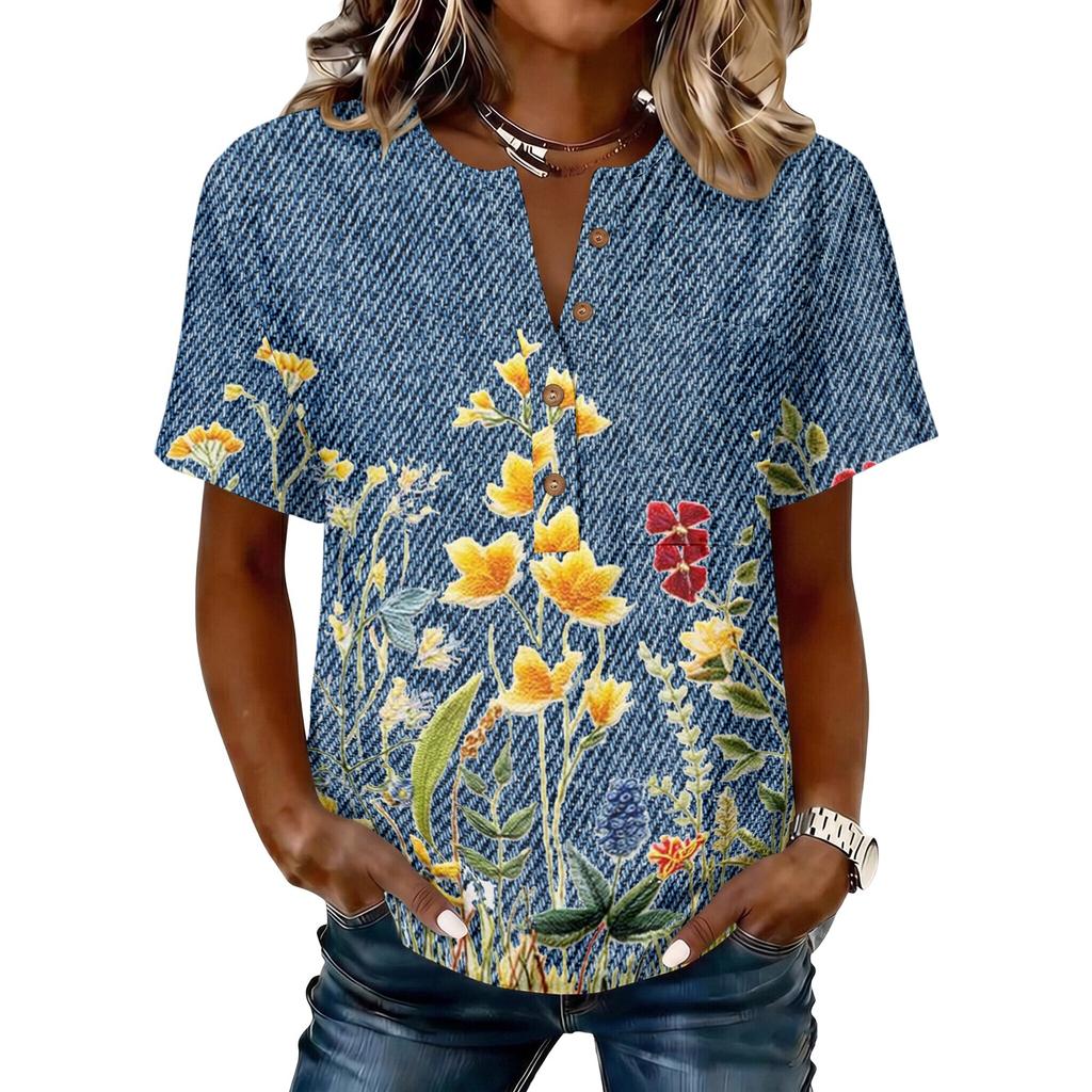 Women's Vintage Floral Print Short Sleeve Shirt Button Front Henley Neck Cotton Linen Blend Casual Top