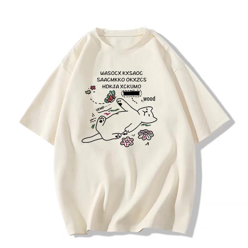 Women's Heather Gray Retro Short-Sleeve T-Shirt - 2025 Summer Loose Straight-Shoulder Design