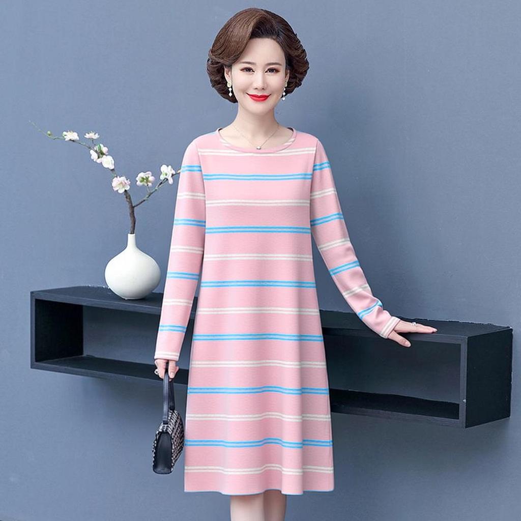 2026 New Women's Mid-Length Striped Slimming Dress - Long Sleeve, Round Neck, Age-Defying - Perfect for Middle-Aged & Elderly