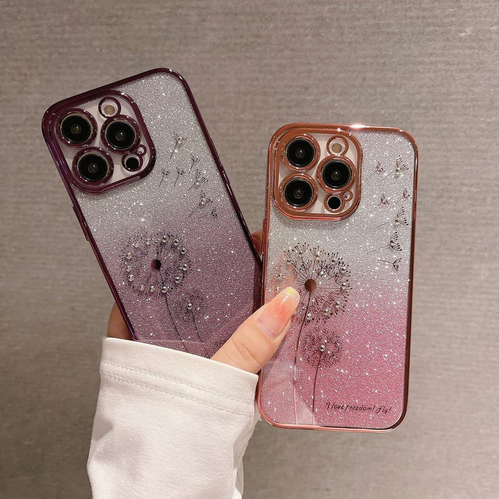 Suitable for IPhone16 Cases with Gradient Glitter, 15 Electroplated Dandelion Dot Diamond, and Transparent Tpu Soft for Apple 14pro