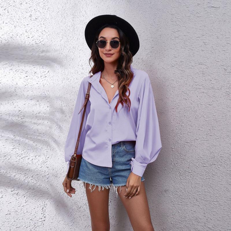 Spring Stand Up Collar Lantern Sleeve Shirt Women's Solid Color Long Sleeved Shirt Chiffon Shirt Blouses & Shirts