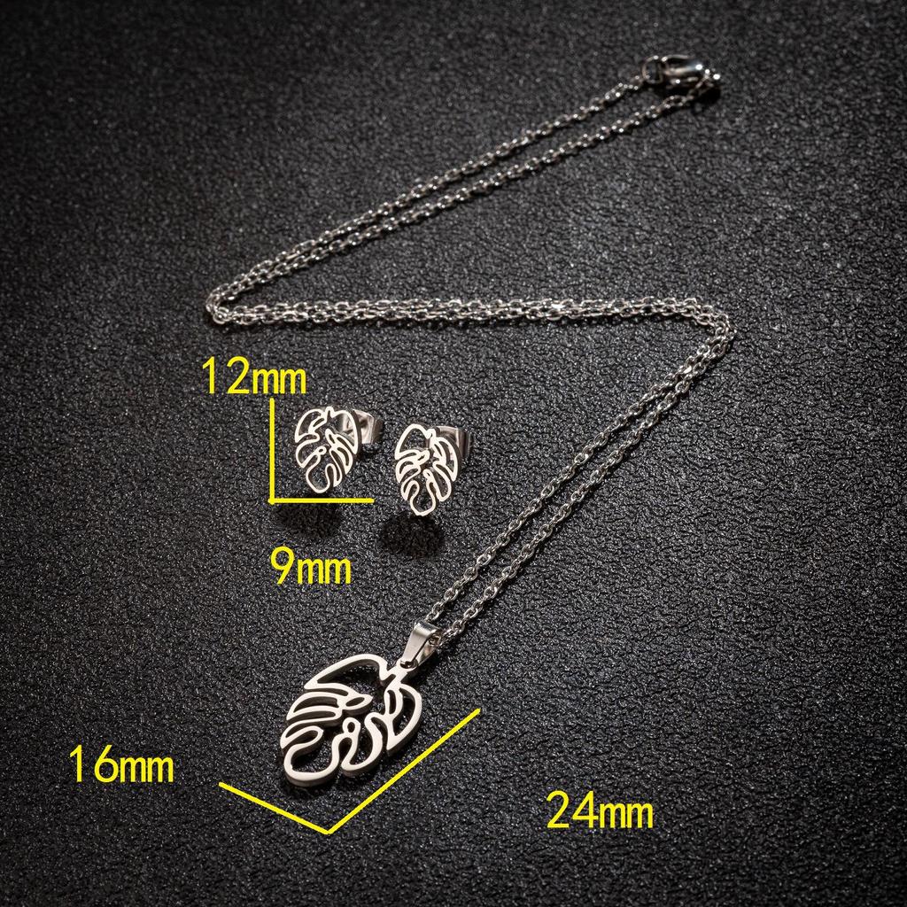 Korean Style Stainless Steel Palm Leaf Pendant & Earrings Set