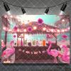 Hawaiian Tropical Summer Beach Background with Flamencos, Flowers, Aloha, Luau, Surfboard, for Parties, Photographic Studio Decoration