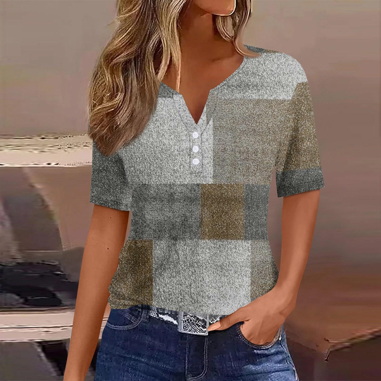 

Женская футболка с принтом на пуговицах, короткий рукав, туника, повседневная, выходного дня, модная, базовая, с V-образным вырезом, стандартный топ XL