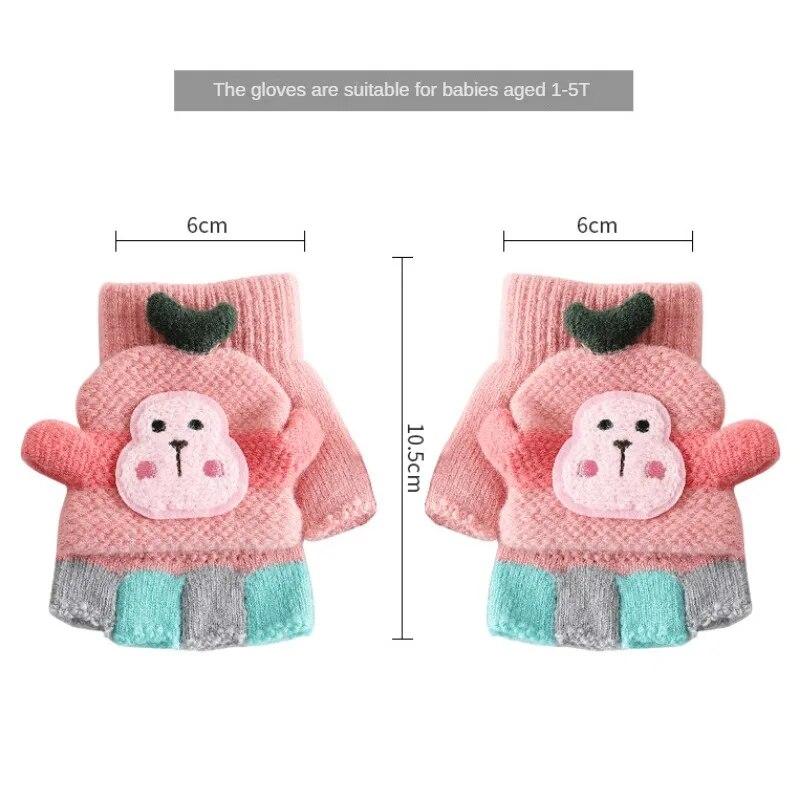 Rukavice s přehozem na půl prstu Roztomilé kreslené dětské rukavice Zimní zateplené pletené pro děti Chlapci Dívky 1-5Y Dětské doplňky
