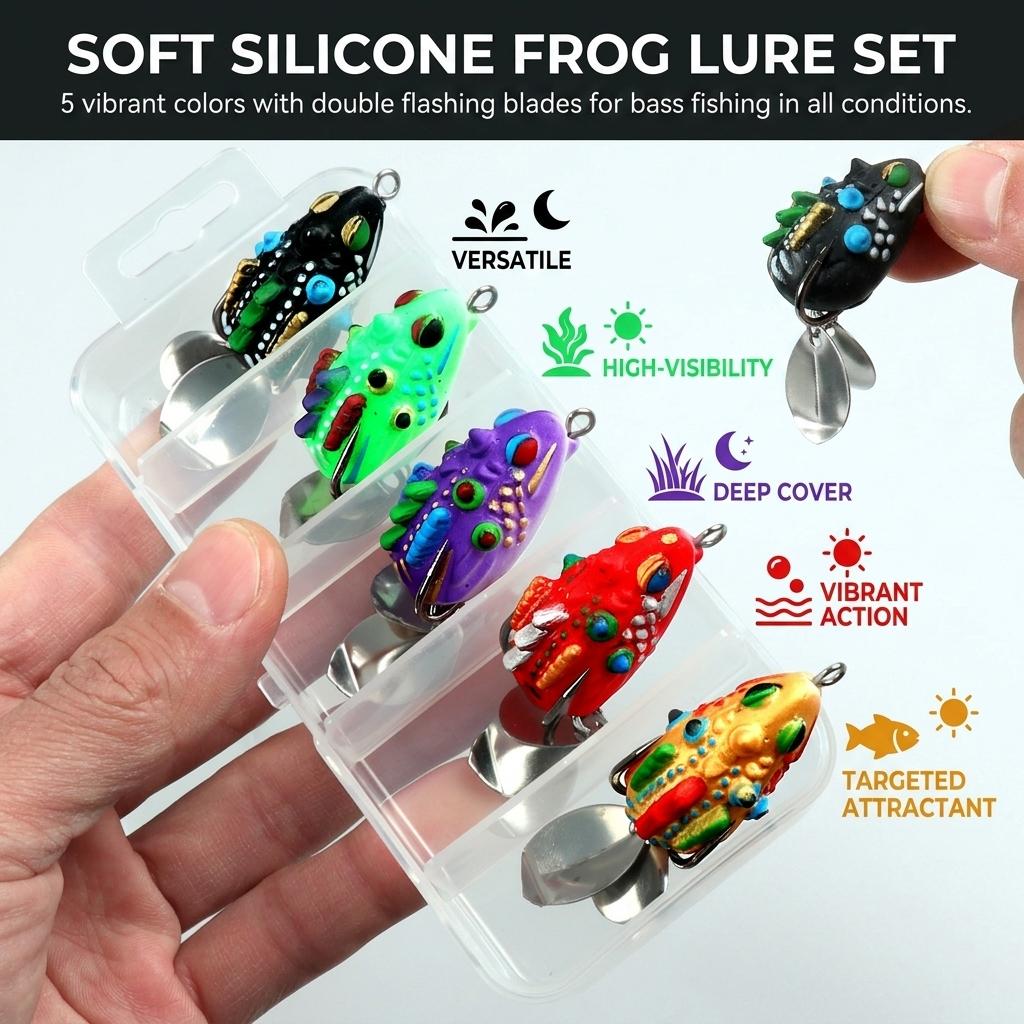 Frog Lure Set with Double Flashing Blades and Reinforced Hooks for Bass Fishing in Freshwater and Saltwater