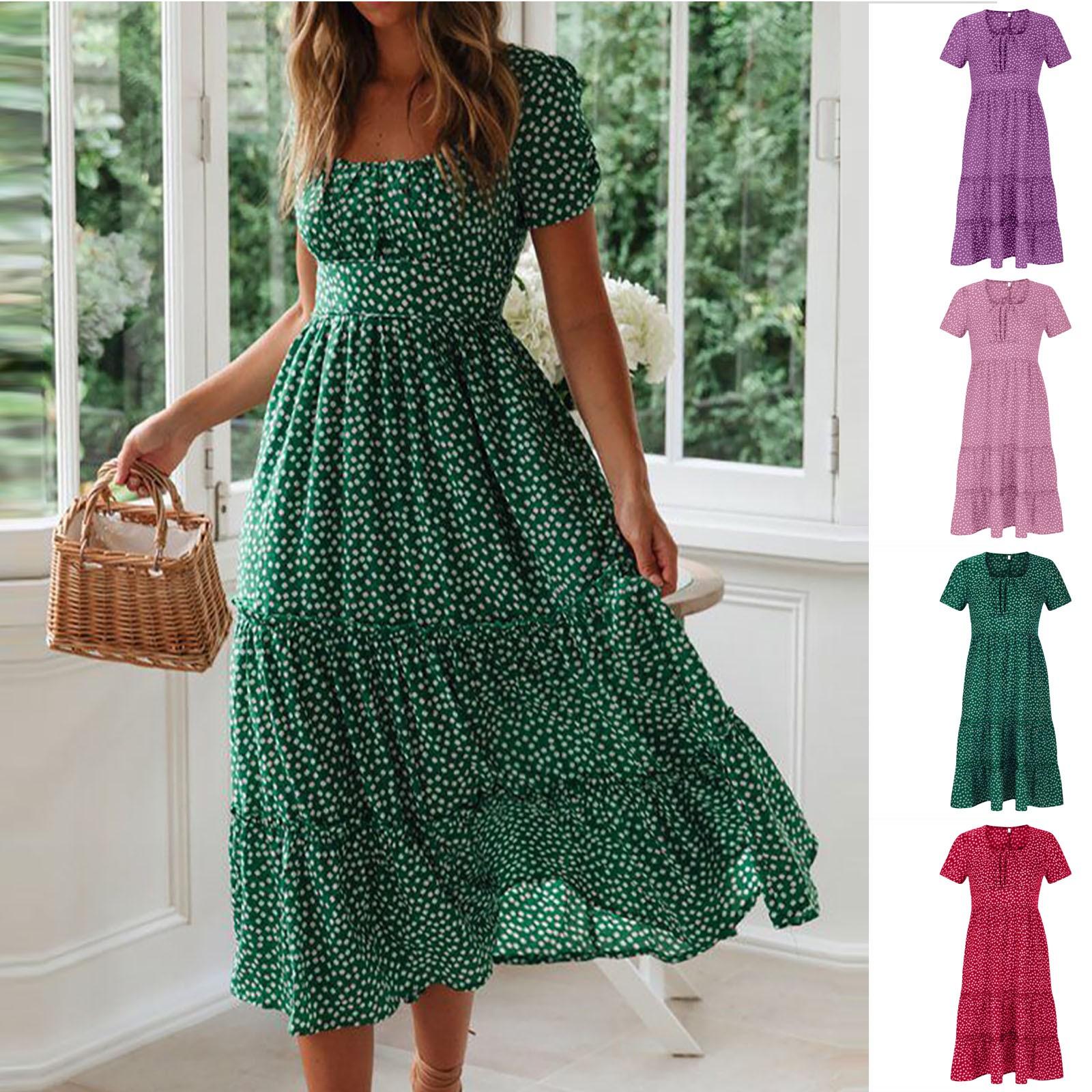 

Ladies Casual Fashion Square Neck Bandage Floral Short Sleeve Long Dress