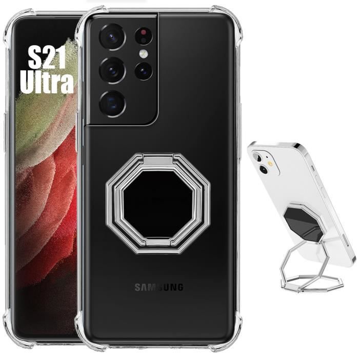 Coque de protection - BOOLING - pour Samsung Galaxy S21 Ultra - Silicone transparent - Support métal - Antichoc