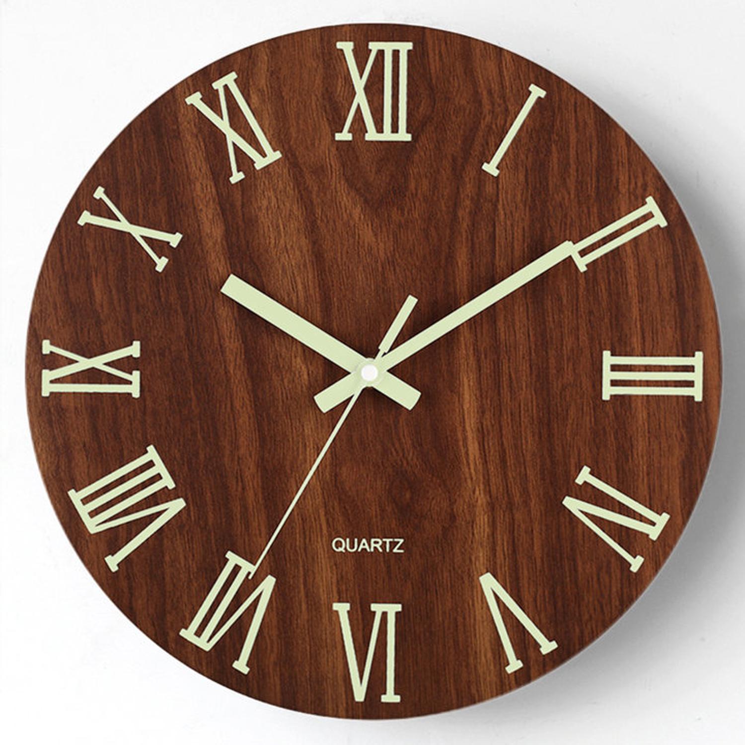1pc wooden glow-in-the-dark wall clock, brown retro wood grain Roman numerals design wall clock, silent clock, home decor 12inch
