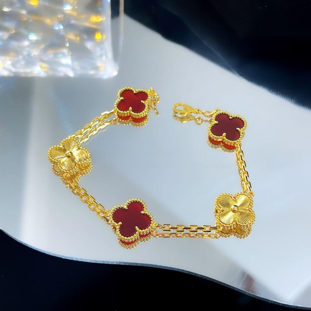 Bracelet Trèfle à Quatre Feuilles Version Haute Cinq Fleurs Calcédoine Violette Naturelle Gravé Laser CNC 18K Ne Se Décolore Pas Bracelet pour Dames