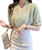 Short Sleeve Blouse Pearl Top Cut and Sewn Spring Summer Chiffon Thin Plain Green M M Size Green Green Green Green Formal Simple Office Office Casual
