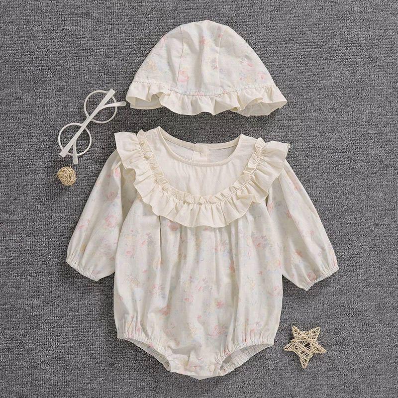 Retro Floral Baby Girl Romper with Lace Collar, Long Sleeves, and Hat - Spring/Autumn Collection