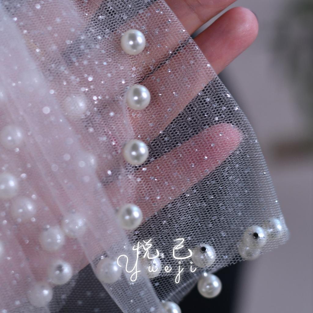Detachable Glitter Tulle Puff Short Sleeve Cuffs, Mixed Size Pearl Beaded Sheer Arm Covers for Wedding Bridal Evening Dress