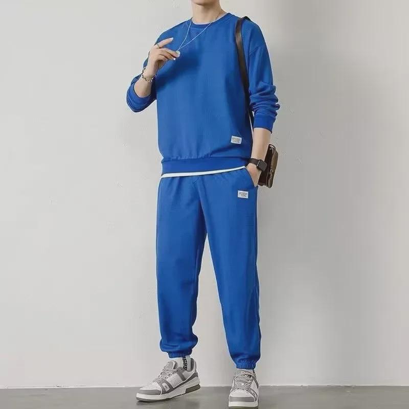 Men's Trendy Autumn/Winter Casual Sports Suit - Waffle Long-Sleeve Top and Versatile Pants Set