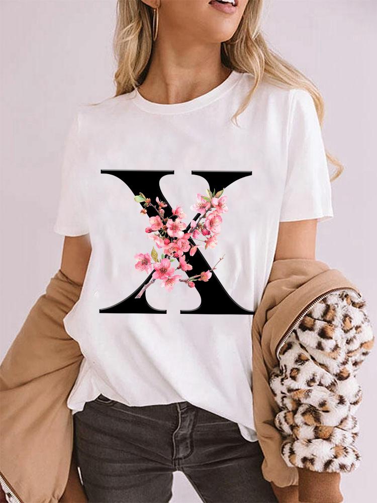 Elegant Cherry Blossom Initial Az Tshirt Unisex Crewneck Floral Letter Graphic Girls Y2k Tops Fashion Mama Birthday Gift Tshirt