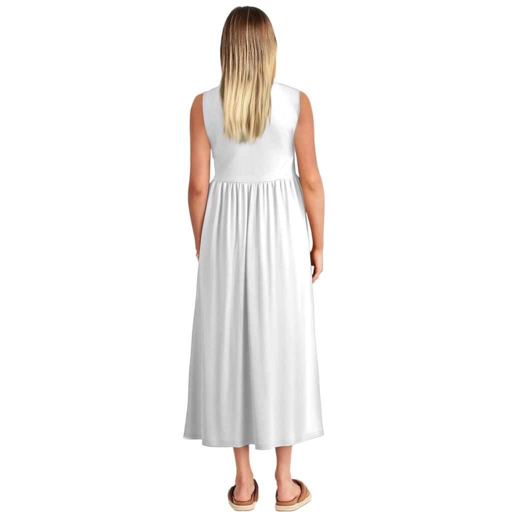 Damen Sommer Ausgestelltes Maxi Kleid Fließendes V-Ausschnitt Ärmellos Lässiges Strand Sommerkleid Mit Taschen