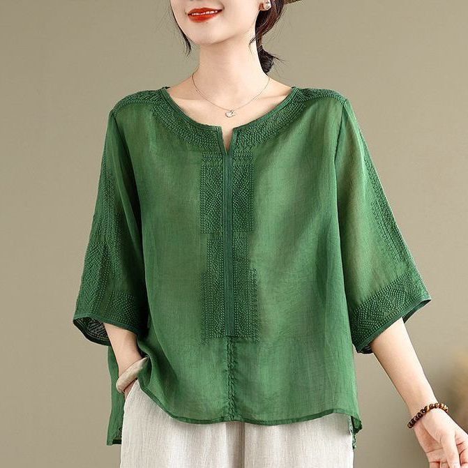Mother's Summer T-shirt Tencel Linen Loose Casual Women's Blouse Solid Color Short-sleeved Bottoming Shirt
