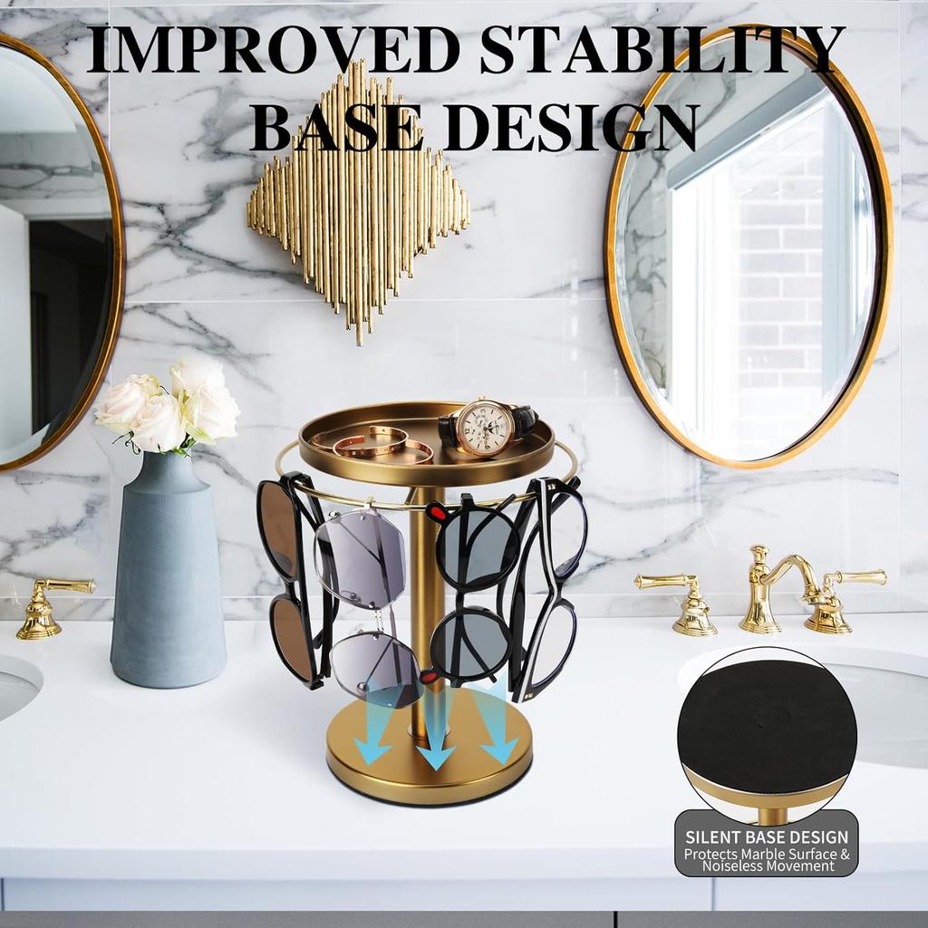 Elegant 360° Rotating Eyewear Organizer, Stainless Steel Glasses Stand with Display Tray, Perfect for Desk, Dresser, Nightstand, and Home (Gold)