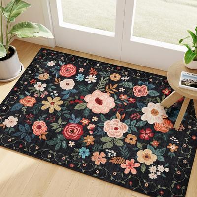 Rugs for Entryway, Floral Indoor Washable Door Mat, Non Slip Boho Small Rug for Kitchen, Front Door Throw Rug for Bedroom