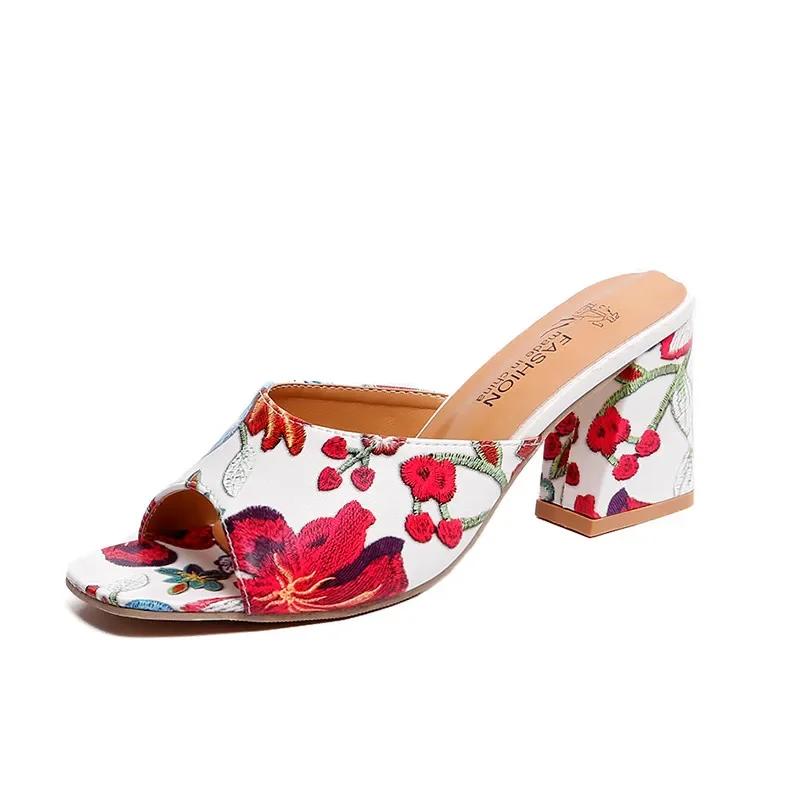 Womens Sandals Printed Summer 2024 New Thick-heeled Popular High-heeled Sexy All-match Half-slippers Open Toe Casual Basic Shoes