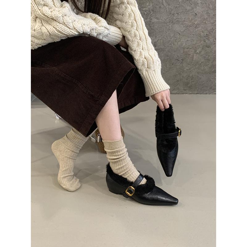 2025 new late night wind pointed head fleece inner height increase fleece shoes single shoes fashionable and comfortable wool shoes women