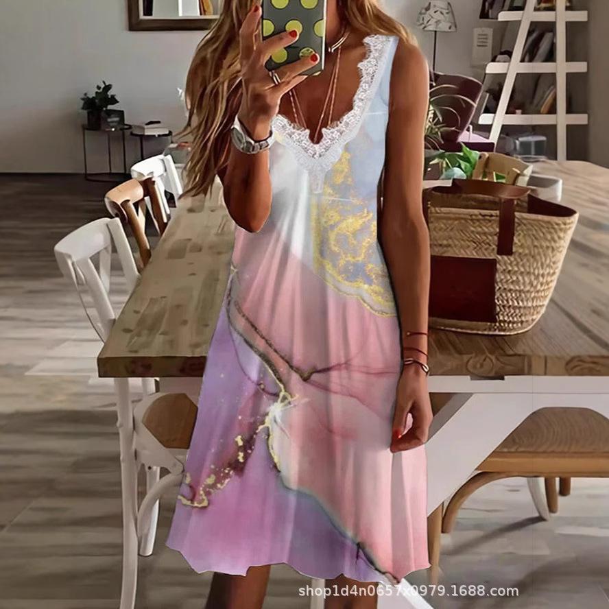 New European and American hot-selling women's clothing fast-selling T strap V-neck lace fashion printed dress