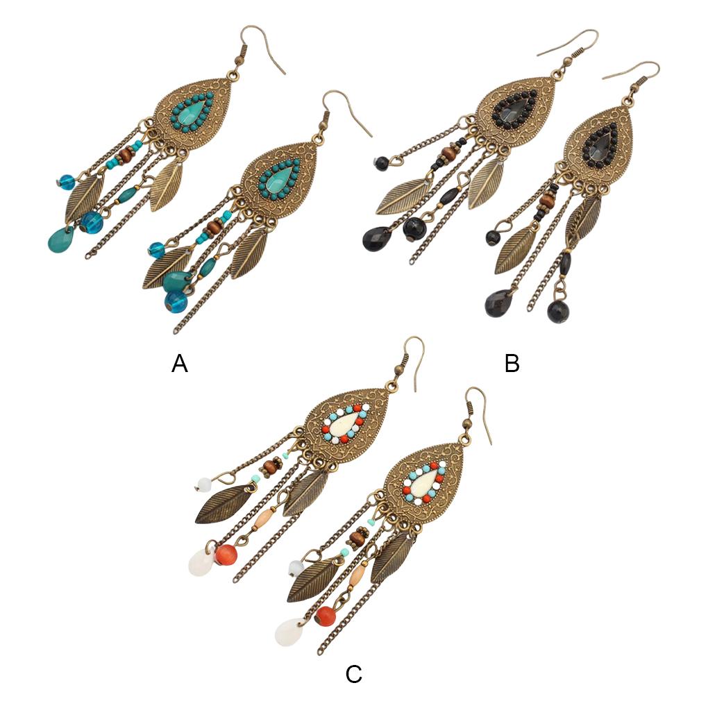 1 Pair Women Girls Oval Leaves Alloy Hook Ear Studs Tassels Beads Long Earrings