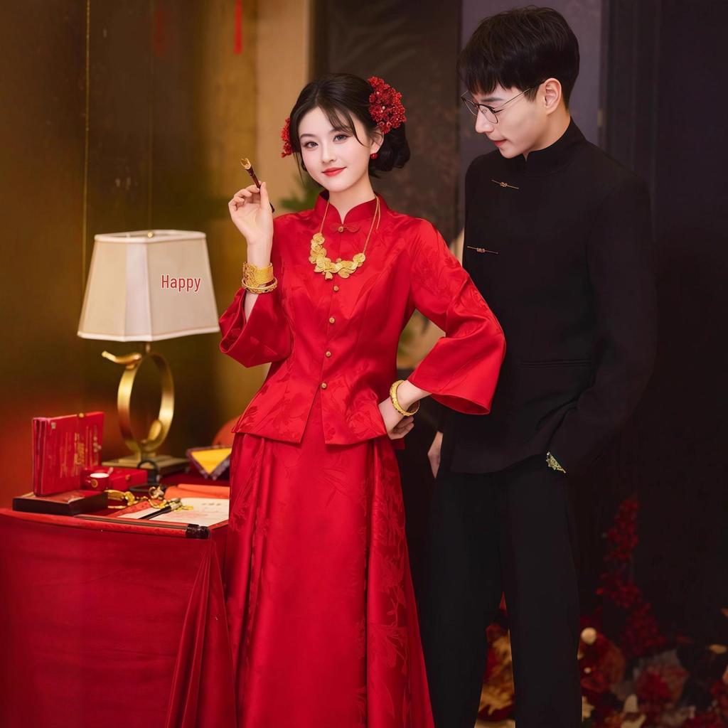 Elegantes Rotes Chinesisches Xiuhe Hochzeits- & Verlobungs-Zweiteiler-Kleid-Set