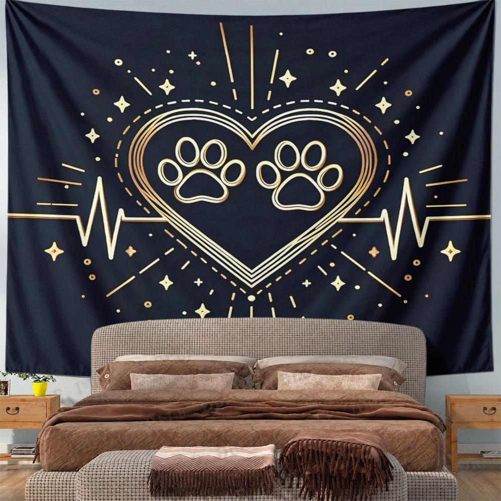 Golden Pet Paw Heart Design Pattern Wall Hanging Tapestry Decorative Tapestry Home Decor for Bedroom and Living Room