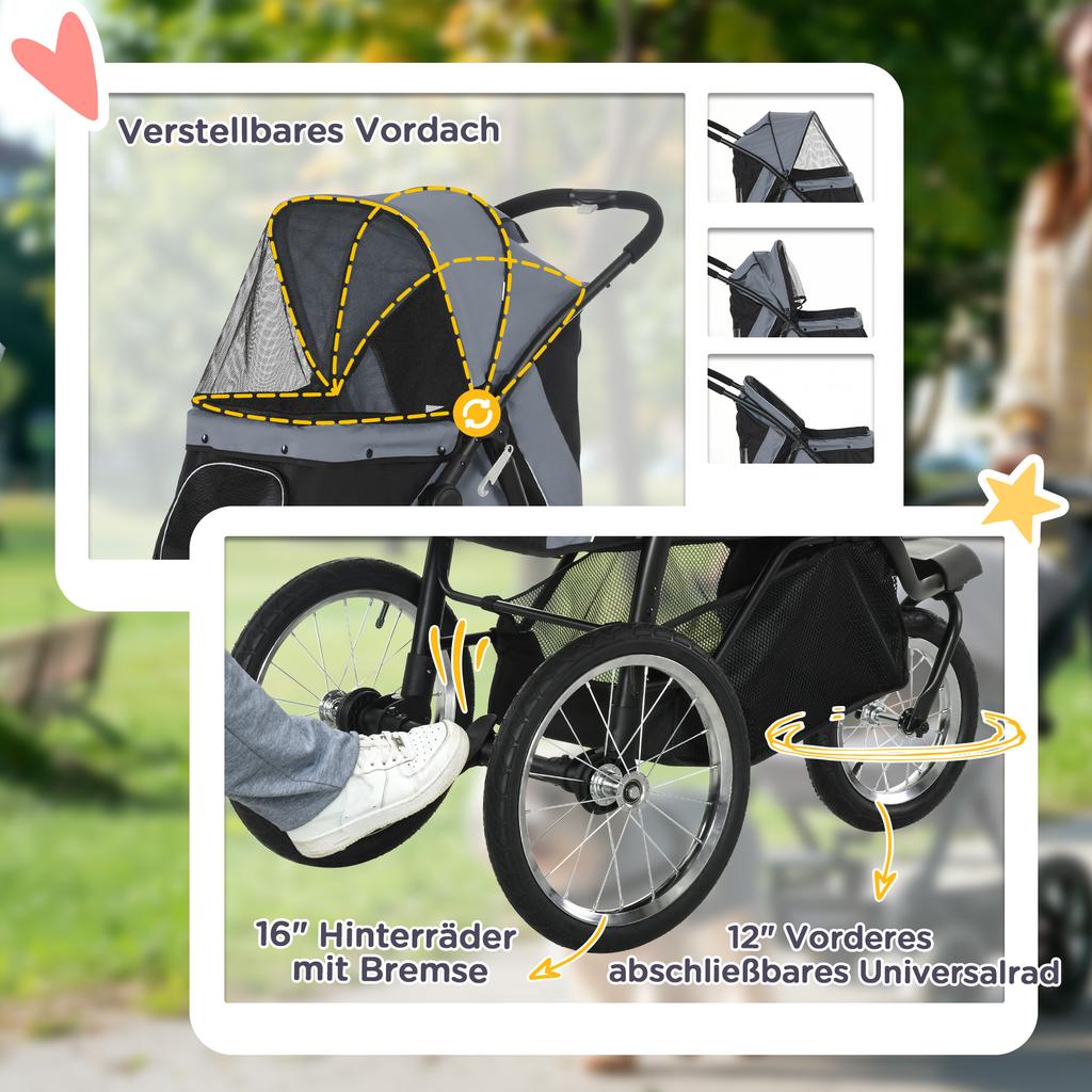 Foldable Pet stroller, Dog Buggy with Three Wheels, for Small/Medium Dogs, Grey