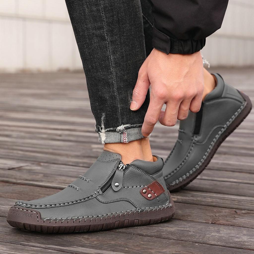 Men's High-top Casual Leather Shoes Hand-stitched Plus Size 38-50 Non-slip Soft Sole Flats with Zipper for Walking Working
