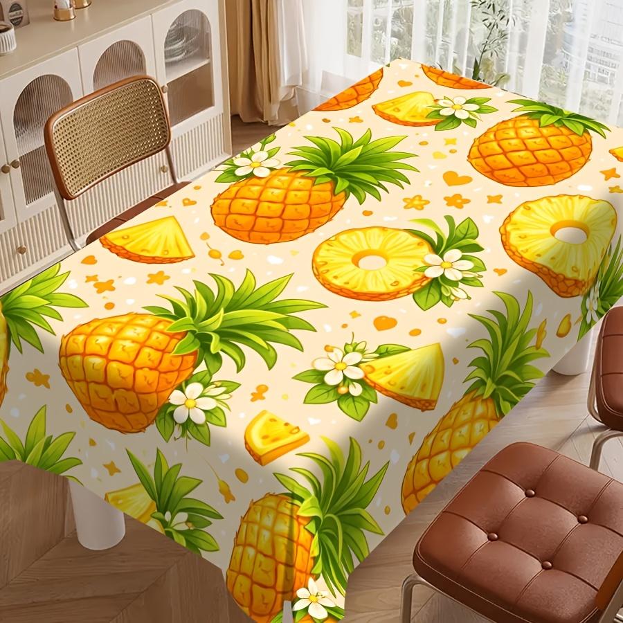 Round Polyester Tablecloth, printed with bright green pineapple & tropical leaves. Durable, reusable and easy to clean. Great decor for kitchen, dinin