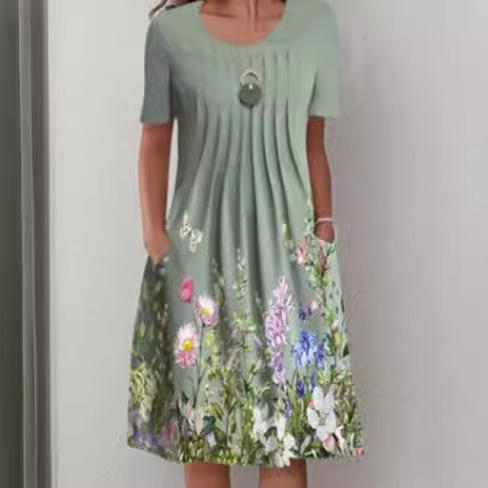 Spring and Summer Floral Print Crew Neck Pullover Medium and Long Dress Women's Clothing