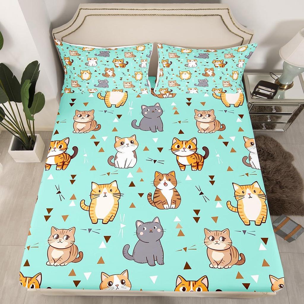 Niedliches Cartoon-Katzenmuster Bettmütze Vierteiliges Bettwäscheset Schlafzimmer Wohnheim Bettwäsche Dekoration
