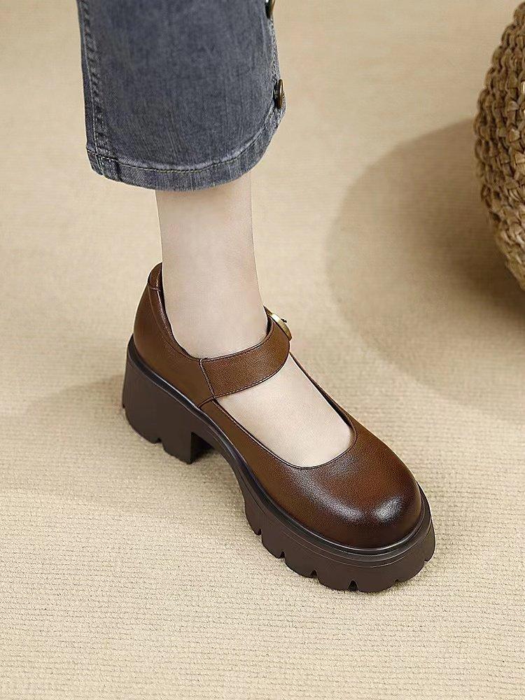 2025 Kunstleder Neue Low-Cut Ein-Wort-Pumps Dicksohlige Mary Platform Bequem Weiche Sohle Runde Spitze Damenschuhe