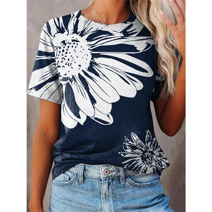 Summer Casual Floral Print T Shirt Women O Neck Short Sleeve T Shirts