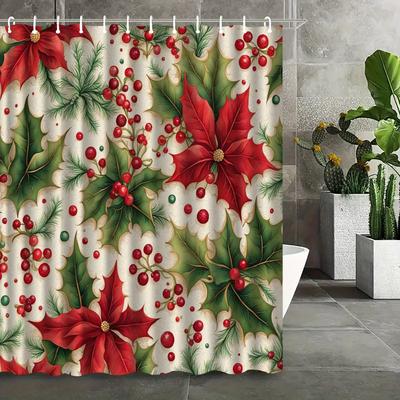 GAERed Weihnachtsstern & Grünes Blatt Feiertags-Duschvorhang mit Haken - Maschinenwaschbarer Polyester Badezimmerdekor, Weihnachten Winter