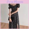 French Style Black Floral Split Waist Dress With Puffed Sleeves For Office Women