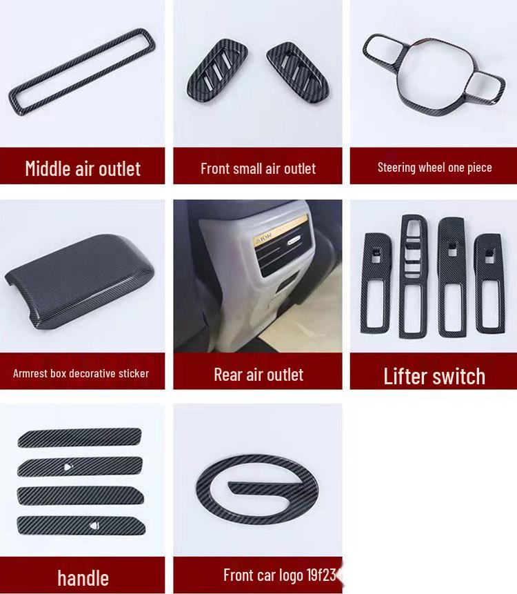 Aion Y Interior Upgrade Kit: Air Vent, Steering Wheel, Gear Shift Frame, Armrest Box Sticker, and Front Reading Light.