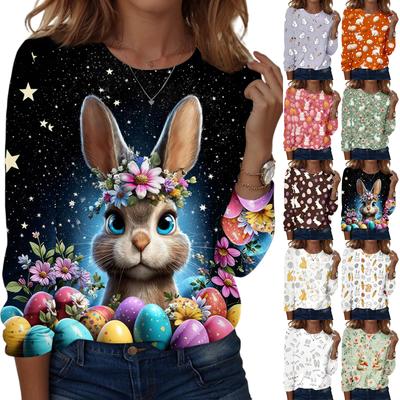 Top casual diario para mujer con manga larga, estampado de Pascua y cuello redondo